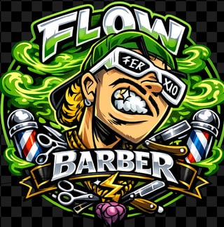 Flow Barber logo featuring a cartoon barber character with green neon styling, barber tools, and striped poles